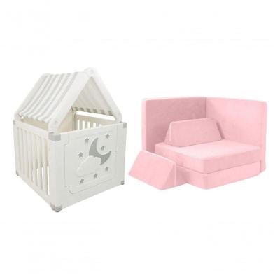 Kit Casinha Infantil E Sofá De Brincar Para Crianças Freso Cinza E Rosa Lúdico
