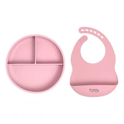 Kit Prato Com Divisórias E Babador Bolso De Silicone Freso Rosa