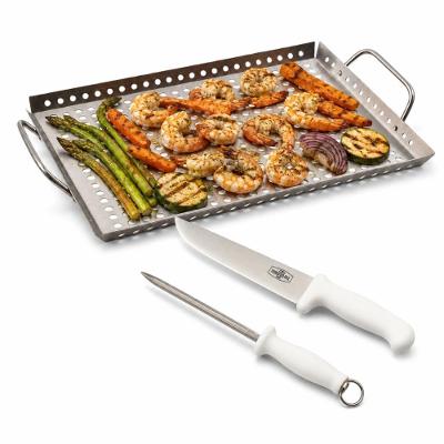 Kit Churrasco KITGPA81GP01 Bandeja Grelha Faca e Chaira Aço Inox Prata Prana Gourmet