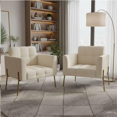 Kit 2 Poltronas Elisa Veludo Cotelê Pé Aço Dourado Off White D'Rossi