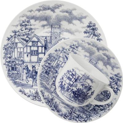 Jogo de Xicaras com Pires e Pratos Fundo Cena Inglesa 18 Pecas Ceramica Estilo Classico Biona