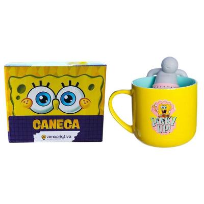 Caneca com Infusor Bob Esponja Cerâmica 350ML Café e Chá Amarelo Zonacriativa
