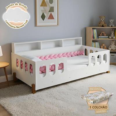Kit Cama Infantil Nina MDF com Colchão Enxoval e Luminária Nuvem LED Branco Bran