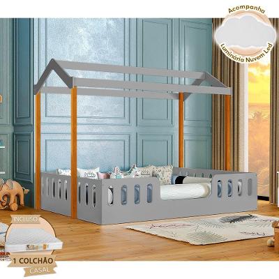 Cama Casal Infantil Ágatha com Colchão D28 e Luminária LED MDF Cinza e Mel