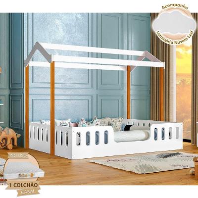 Cama Casal Infantil Ágatha com Luminária LED MDF Branco e Amêndoa