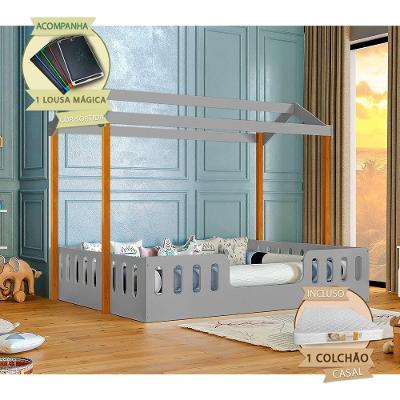 Cama Casal Infantil Ágatha com Colchão Lousa Mágica MDF Cinza Amêndoa