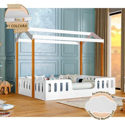 Cama Casal Infantil Ágatha Montessoriana com Colchão e LED Branco e Mel
