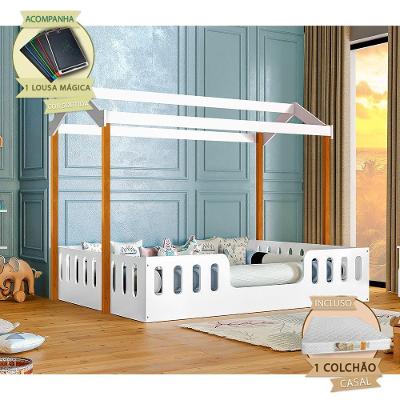 Cama Casal Infantil Ágatha Casinha Montessoriana com Colchão MDF Branco e Amêndoa