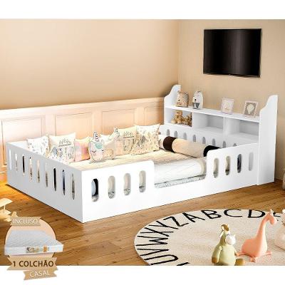 Cama Casal Helo com Nicho e Grade de Proteção MDF Branco