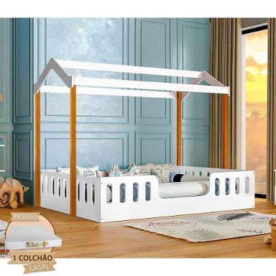 Cama Casal Infantil Ágatha Casinha com Colchão D28 MDF Branco e Amêndoa
