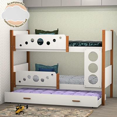 Beliche Solteiro Star com Cama Auxiliar e Luminária Nuvem MDF Branco