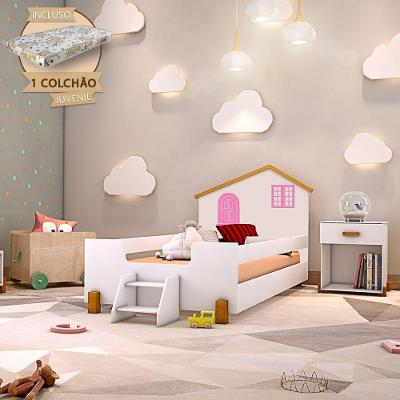 Cama Infantil Juvenil Rosa com Grade de Proteção MDF Branco e Mel Belíssima Decor