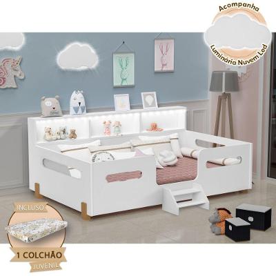 Cama Juvenil Mary com LED Nicho Kit e Luminária Nuvem Branco