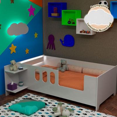 Cama Juvenil Livia com LED Prateleiras Madeira Maciça Branco Divaloto Móveis