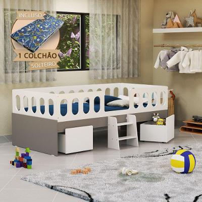 Cama Juvenil Lara Solteiro com Nichos e Colchão Madeira Branco e Cinza Baby Mobilia