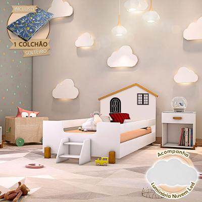 Cama Solteiro Montessoriana com LED e Colchão MDF Branco Amêndoa