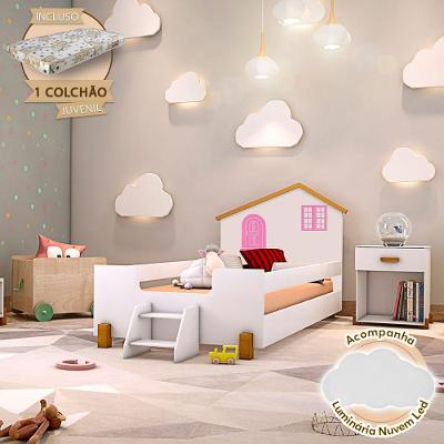 Cama Juvenil Belíssima Rosa com LED Colchão Grade MDF Branco Amêndoa