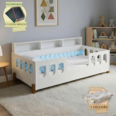 Cama Montessoriana Nina com Colchão Enxoval e Lousa Mágica MDF Branco