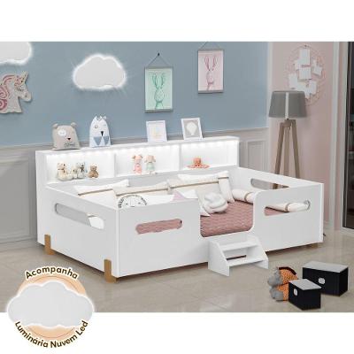 Cama Infantil Mary com Escada LED e Luminária Nuvem Branco Mel