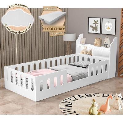 Cama Infantil Helo Solteiro com Colchão Nicho LED e Luminária Nuvem Branco