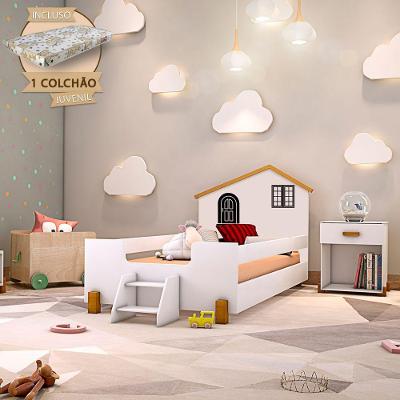 Cama Juvenil Casinha com Colchão Grade Proteção MDF Branco Mel