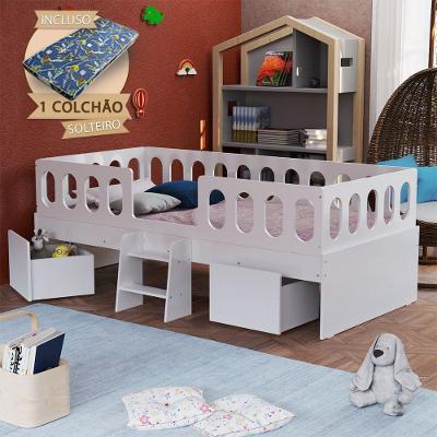Cama Juvenil Lara Solteiro com Nichos e Escadinha Branco Baby Mobilia