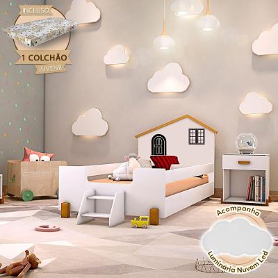 Cama Juvenil Belíssima com LED Colchão Grade MDF Branco e Amêndoa