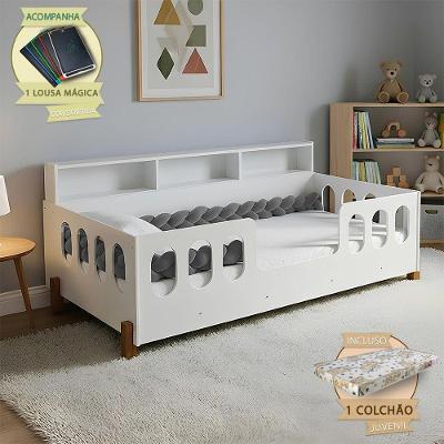 Cama Montessoriana Nina com Colchão Trança Cinza e Lousa Mágica MDF Branco