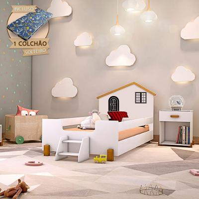 Cama Solteiro com Escadinha e Casinha MDF Branco Mel Belíssima Decor