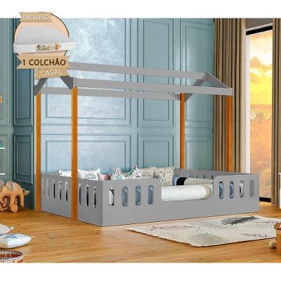 Cama Infantil Casal Casinha Ágatha com Colchão MDF Cinza Nature