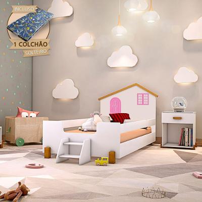 Cama Solteiro Belíssima com Colchão Grade de Proteção MDF Branco e Mel