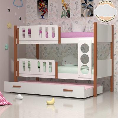 Beliche Infantil Onix com Cama Auxiliar e Luminária MDF Branco Divaloto Móveis