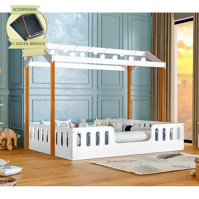 Cama Infantil Casal Montessoriana Ágatha com LED e Lousa Mágica Branco e Amêndoa