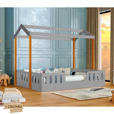 Cama Infantil Casal Ágatha Casinha Segura MDF Cinza e Mel