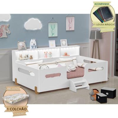 Cama Juvenil Mary com LED Nicho Colchão e Lousa Mágica Branco