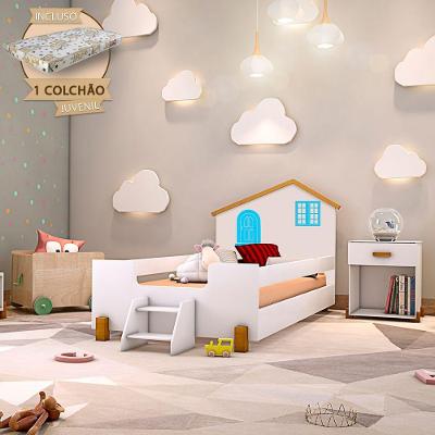 Cama Juvenil Montessoriana com Colchão MDF Branco e Mel Azul