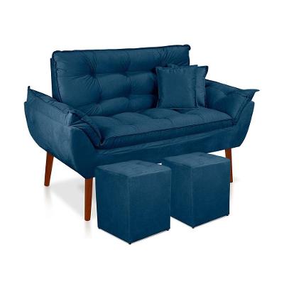 Kit Namoradeira Opala Puff Quadrado Almofadas Suede Azul Marinho Sonho das Poltronas