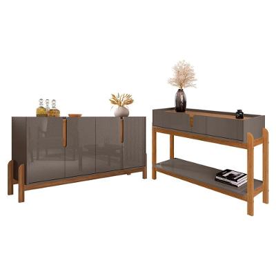 Kit Buffet e Aparador Lizz 4 Portas 2 Gavetas MDF Cinza Perola Cedro
