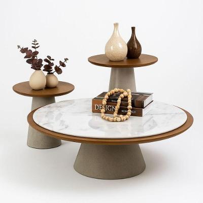 Conjunto de Mesas Prisma Redondo MDF 80CM Marfim Freijó Linn Design Decor