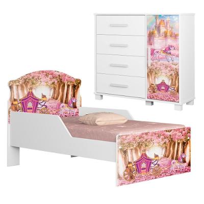 Kit Mini Cama e Cômoda Lívia 4 Gavetas 1 Porta MDF Branco Milani Movelaria