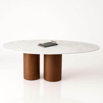 Mesa de Jantar Oásis Orgânica Cilíndrica Mármore Branco Nogueira 244x137CM