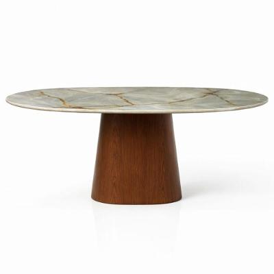 Mesa de Jantar Oblongo 4 Lugares Oval Mármore Blue Deep 120x80CM Base Nogueira