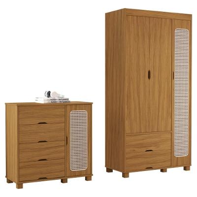 Kit Guarda Roupa Solteiro Clara 3 Portas 4 Gavetas MDF Nature Milani Movelaria