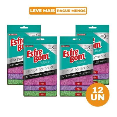 Kit 12 Panos Multiuso Esfrebom Microfibra Alta Performance Bettanin