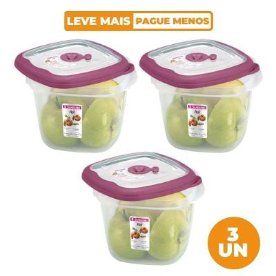 Kit 3 Potes Herméticos Plásticos Quadrados Açaí 1,6L Flor Transparente Sanremo