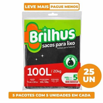 Kit Saco de Lixo Brilhus 100L Plástico Preto Fundo Reforçado Bettanin