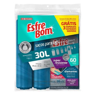 Kit Saco de Lixo Rolo Fundo Reforçado 30L Esponja Diamond Esfrebom Azul Bettanin