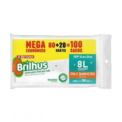 Saco de Lixo em Rolo Brilhus Mega Econômico 8L 100 Unidades Branco Bettanin