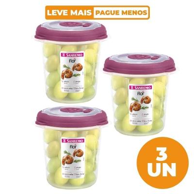 Kit 3 Potes Herméticos Plásticos Redondos Açaí 480ML Válvula Flor Transparente Sanremo