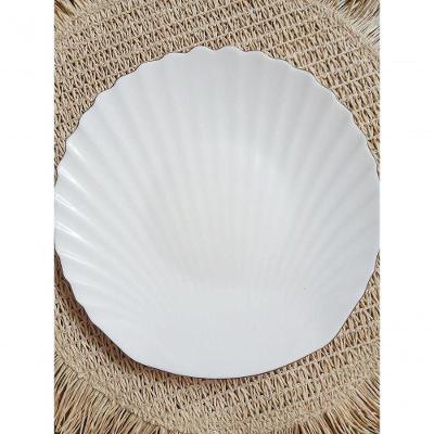 Prato de Sobremesa Concha Vidro Opalino Borda Dourada Mesa Posta Branco Dela Home
